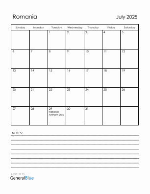 Current month calendar with Romania holidays for July 2025