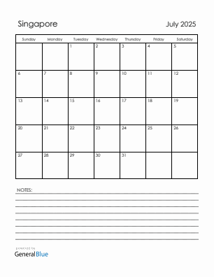 Current month calendar with Singapore holidays for July 2025
