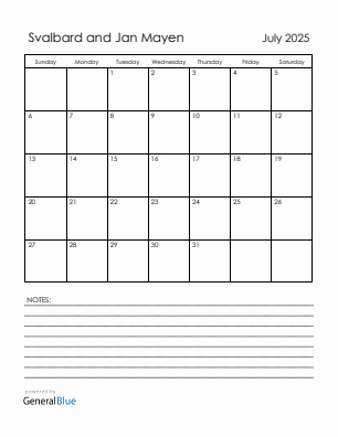 Current month calendar with Svalbard and Jan Mayen holidays for July 2025