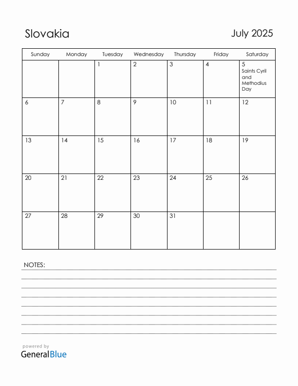 July 2025 Slovakia Calendar with Holidays (Sunday Start)