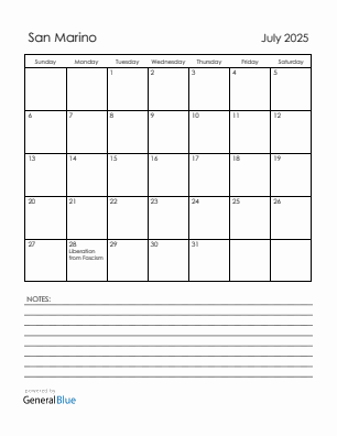 Current month calendar with San Marino holidays for July 2025