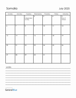 Current month calendar with Somalia holidays for July 2025