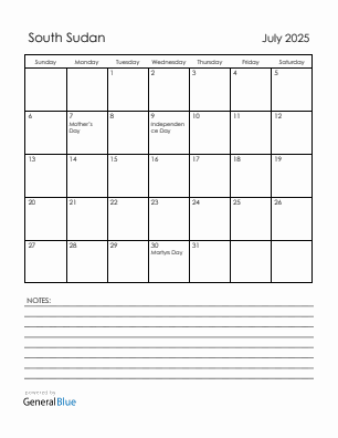 Current month calendar with South Sudan holidays for July 2025