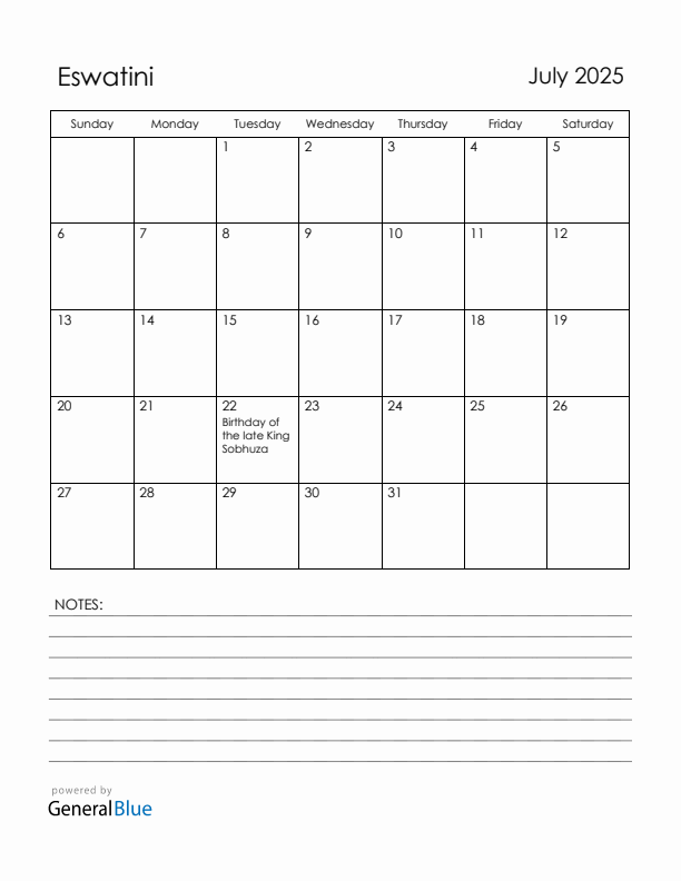 July 2025 Eswatini Calendar with Holidays (Sunday Start)