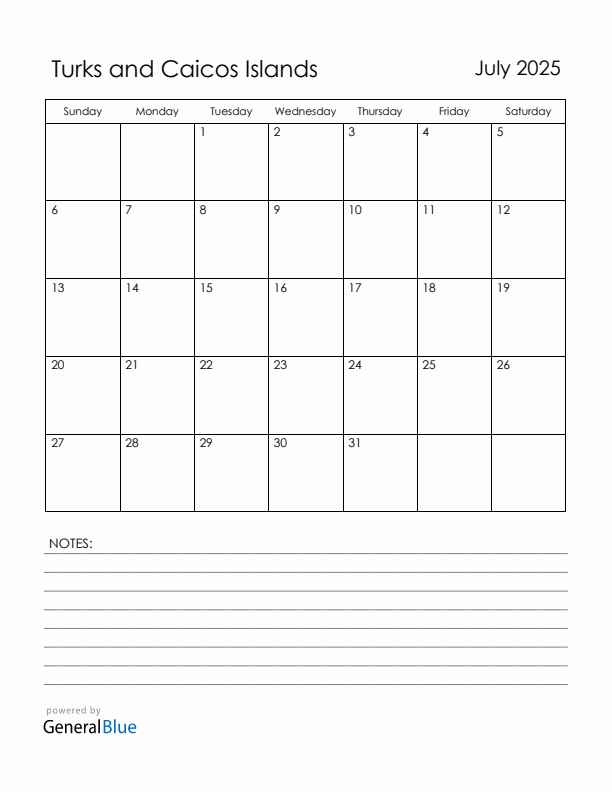 July 2025 Turks and Caicos Islands Calendar with Holidays (Sunday Start)