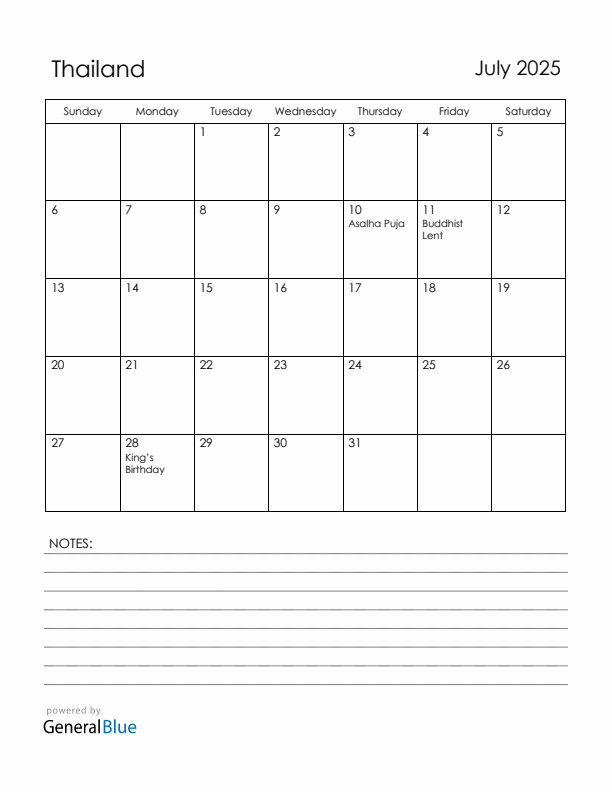 July 2025 Thailand Calendar with Holidays (Sunday Start)