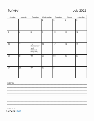 Current month calendar with Turkey holidays for July 2025
