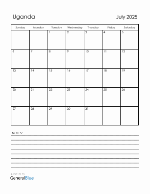 Current month calendar with Uganda holidays for July 2025