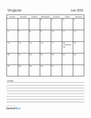 Current month calendar with Uruguay holidays for July 2025