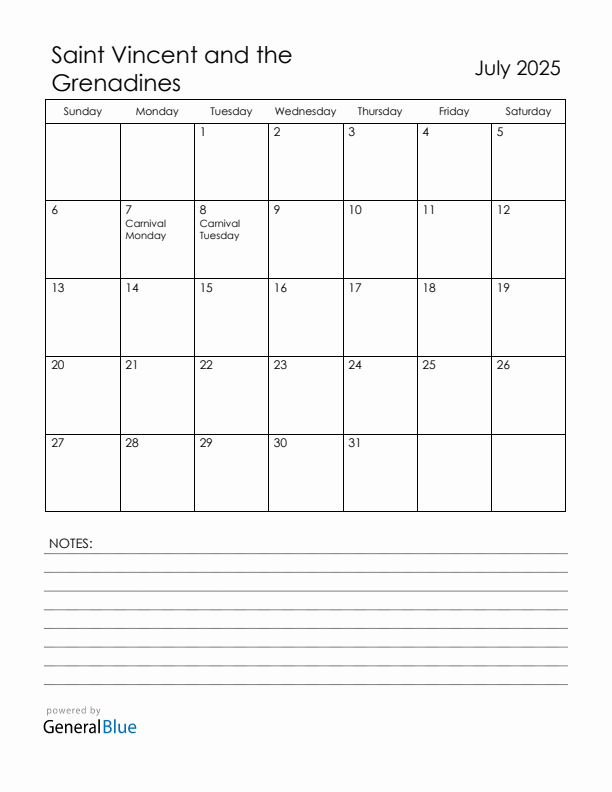 July 2025 Saint Vincent and the Grenadines Calendar with Holidays (Sunday Start)