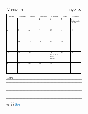 Current month calendar with Venezuela holidays for July 2025