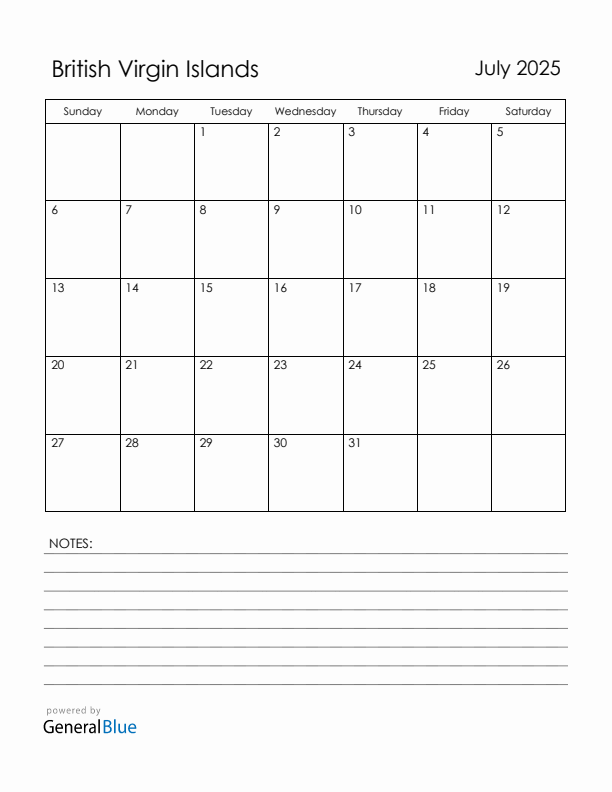 July 2025 British Virgin Islands Calendar with Holidays (Sunday Start)