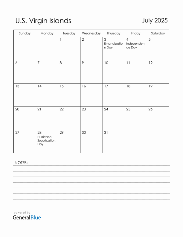 July 2025 U.S. Virgin Islands Calendar with Holidays (Sunday Start)