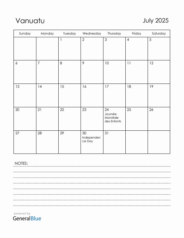 July 2025 Vanuatu Calendar with Holidays (Sunday Start)