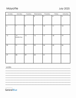 Current month calendar with Mayotte holidays for July 2025