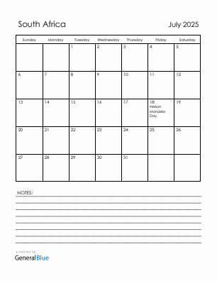 Current month calendar with South Africa holidays for July 2025