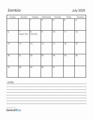 Current month calendar with Zambia holidays for July 2025