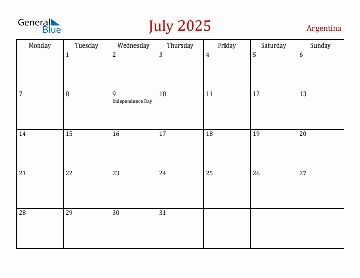 Argentina July 2025 Calendar - Monday Start