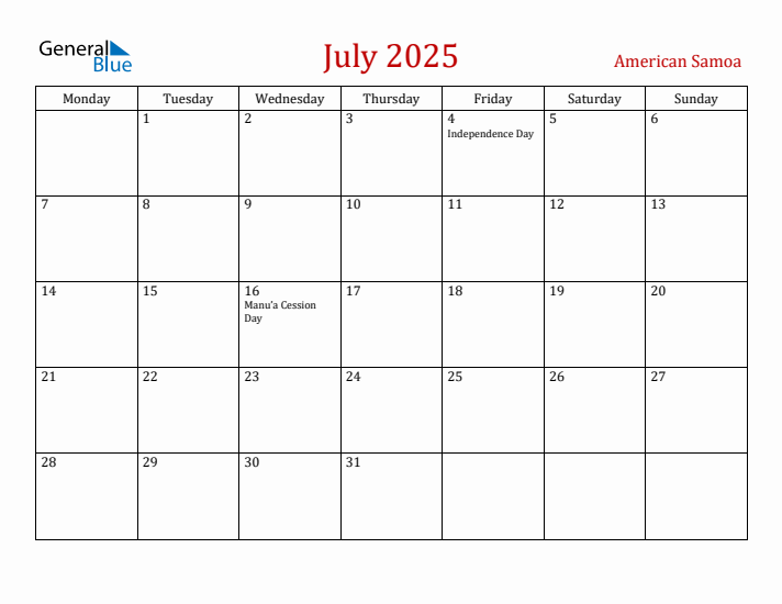 American Samoa July 2025 Calendar - Monday Start