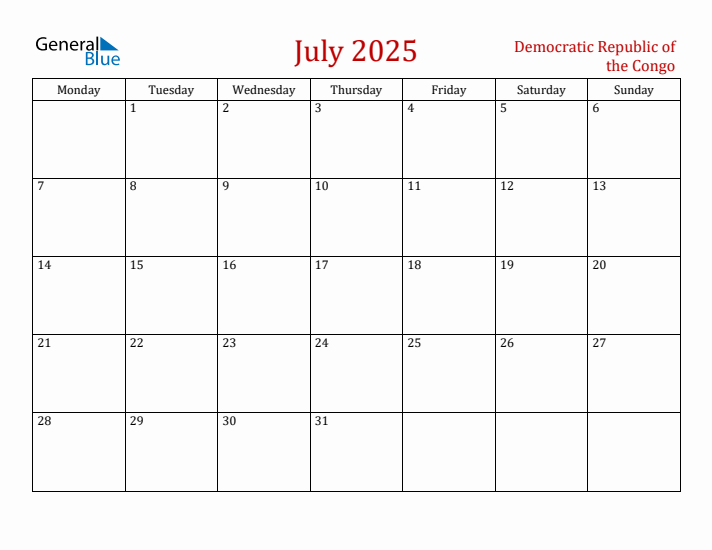 Democratic Republic of the Congo July 2025 Calendar - Monday Start