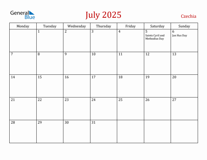 Czechia July 2025 Calendar - Monday Start