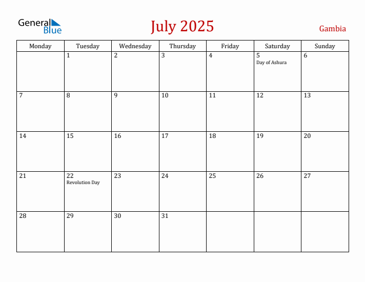 Gambia July 2025 Calendar - Monday Start