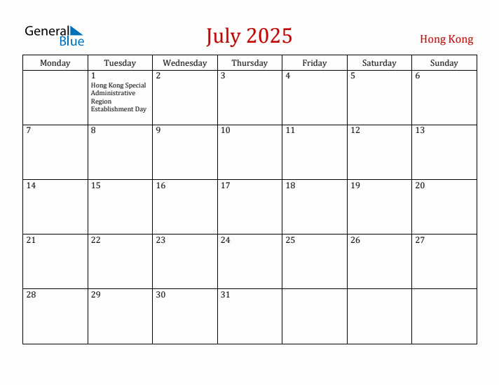 Hong Kong July 2025 Calendar - Monday Start