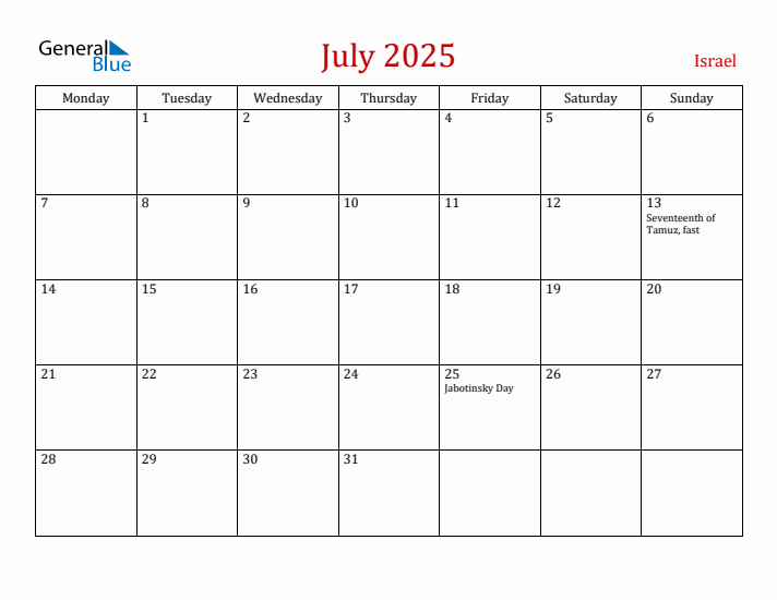 Israel July 2025 Calendar - Monday Start