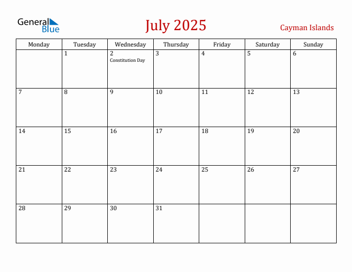 Cayman Islands July 2025 Calendar - Monday Start