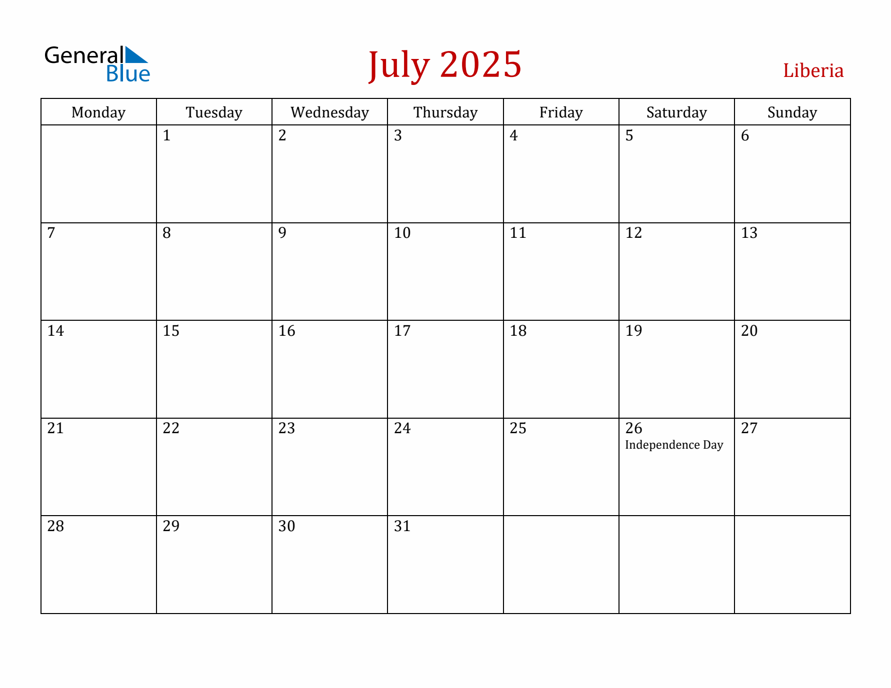 Liberia July 2025 Calendar - Monday Start