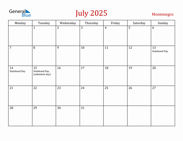 Montenegro July 2025 Calendar - Monday Start
