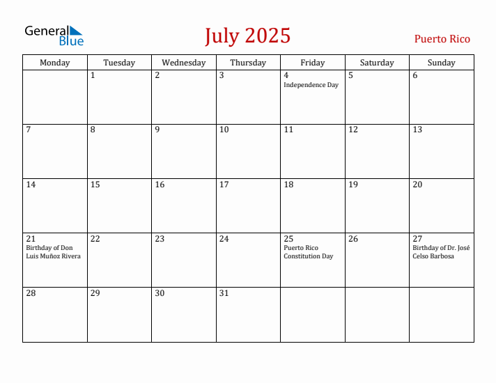Puerto Rico July 2025 Calendar - Monday Start