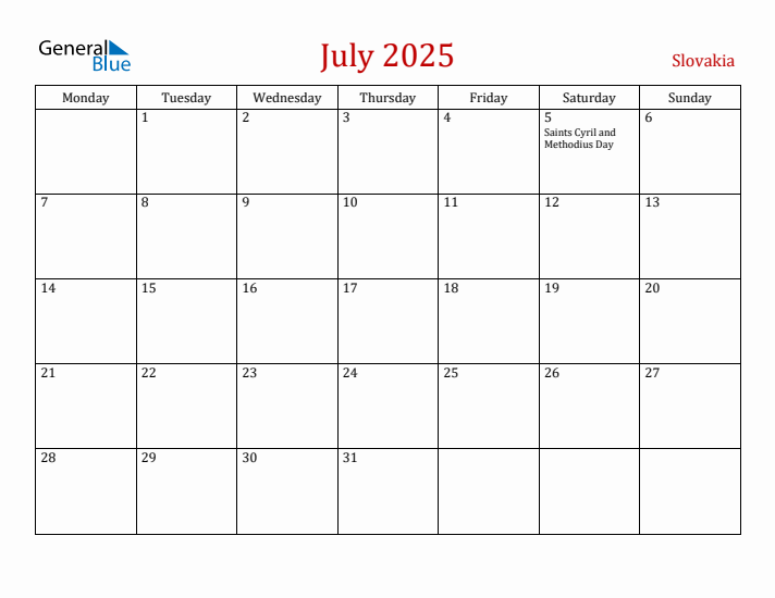 Slovakia July 2025 Calendar - Monday Start