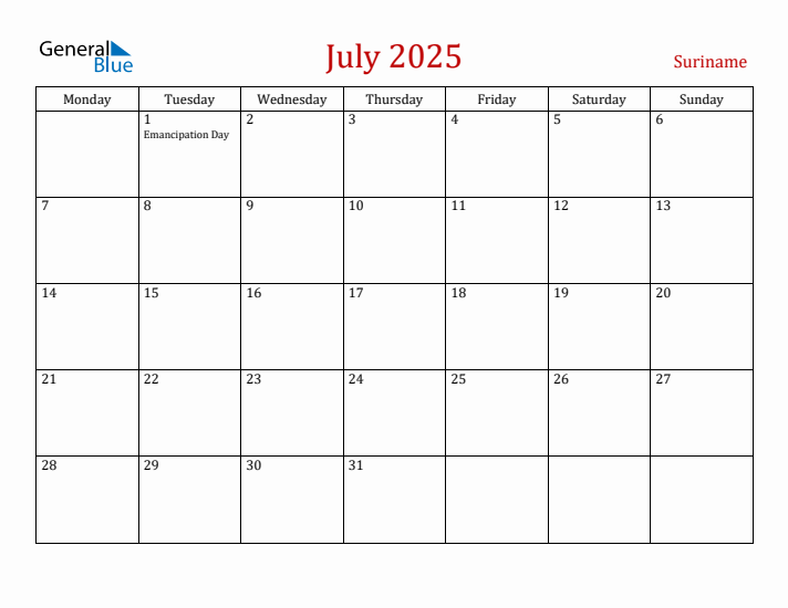 Suriname July 2025 Calendar - Monday Start