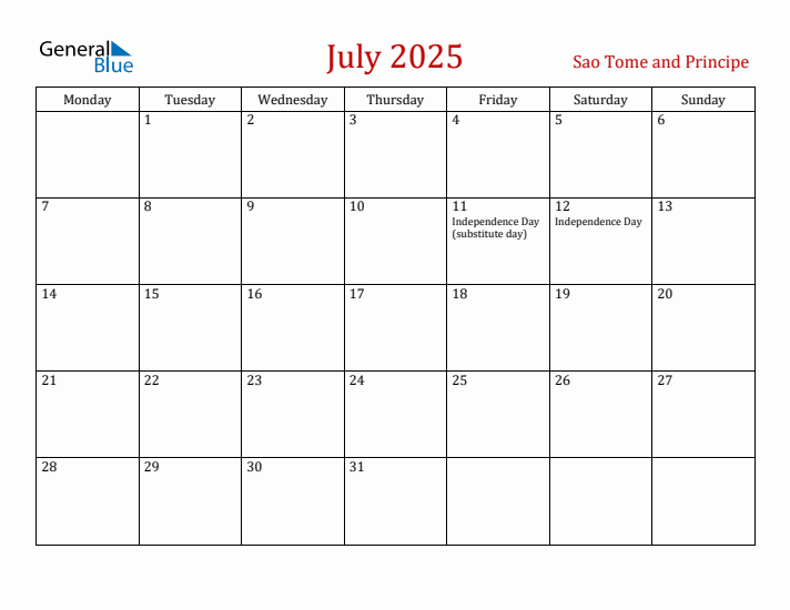 Sao Tome and Principe July 2025 Calendar - Monday Start