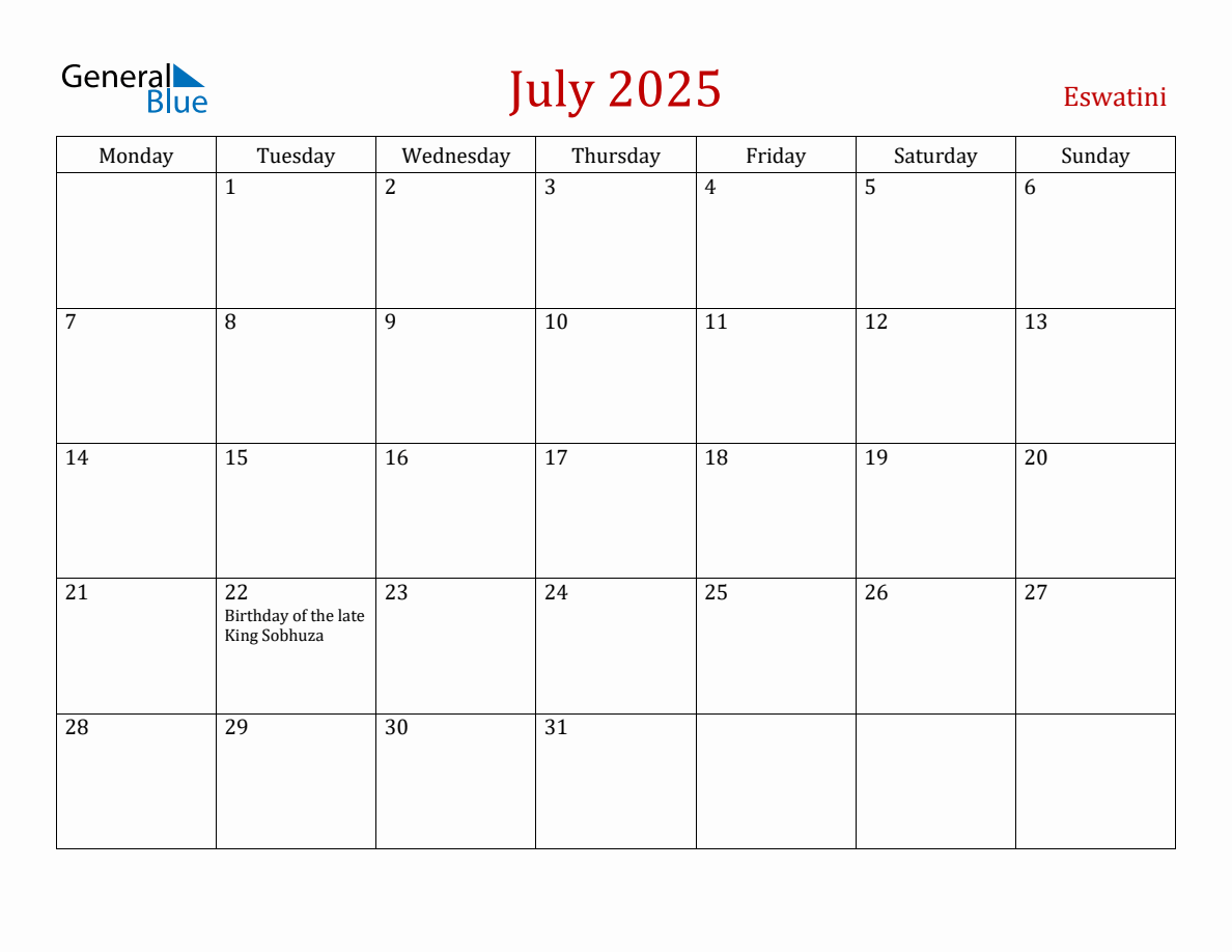 July 2025 Eswatini Monthly Calendar with Holidays (Monday Start)