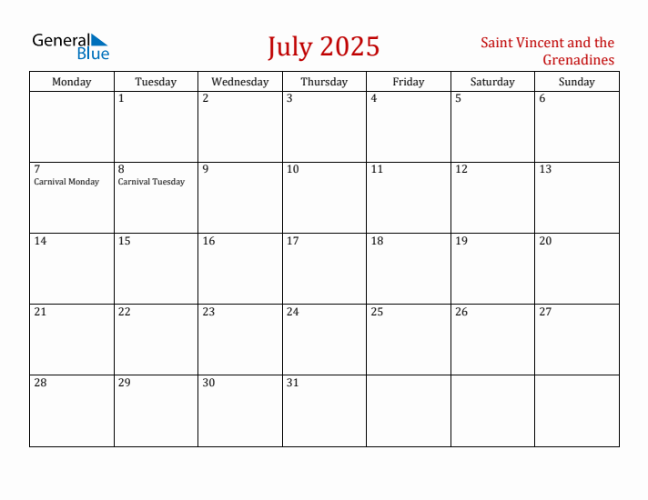 Saint Vincent and the Grenadines July 2025 Calendar - Monday Start