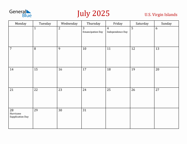 U.S. Virgin Islands July 2025 Calendar - Monday Start
