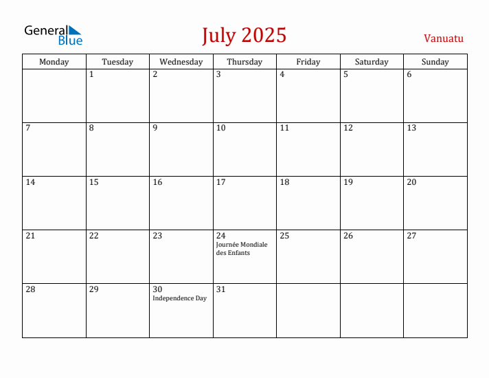 Vanuatu July 2025 Calendar - Monday Start