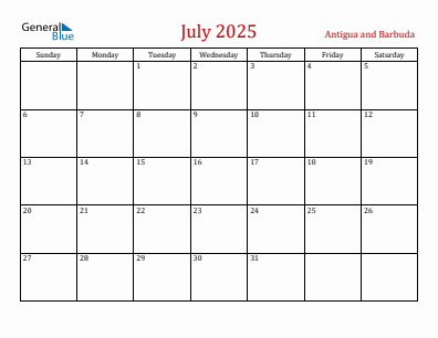 Current month calendar with Antigua and Barbuda holidays for July 2025