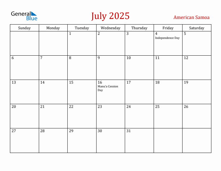 American Samoa July 2025 Calendar - Sunday Start