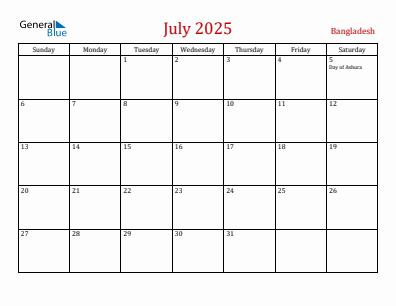 Current month calendar with Bangladesh holidays for July 2025
