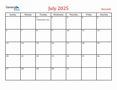 Current month calendar with Burundi holidays for July 2025