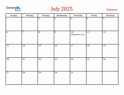 Current month calendar with Bahamas holidays for July 2025