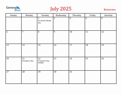 Current month calendar with Botswana holidays for July 2025