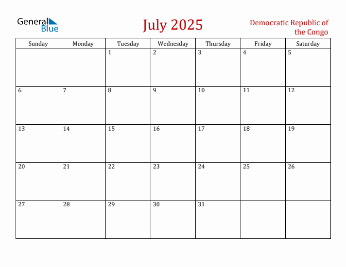 Democratic Republic of the Congo July 2025 Calendar - Sunday Start