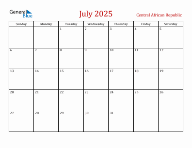 Current month calendar with Central African Republic holidays for July 2025