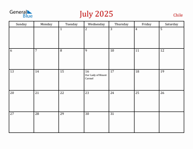 Current month calendar with Chile holidays for July 2025