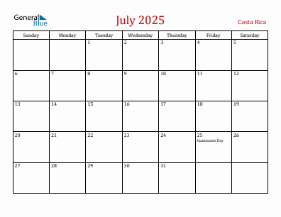 Current month calendar with Costa Rica holidays for July 2025