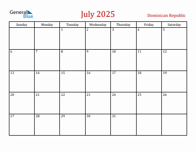 Current month calendar with Dominican Republic holidays for July 2025